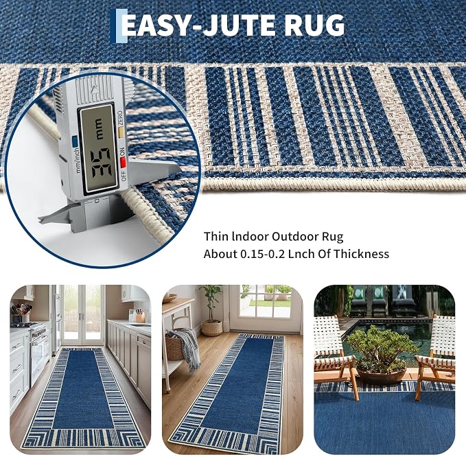 COZYLOOM Indoor Outdoor Rugs 8x10 Modern Easy Jute Washable Area Rug, Blue | Non Slip Neutral Bordered Non Shedding Stain Resistant Foldable Rug for Living Room Dining Room Bedroom Patio Backyard