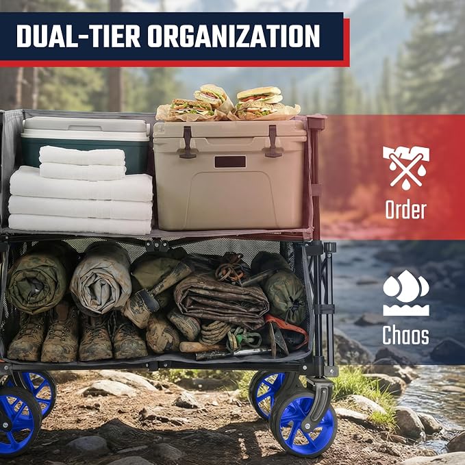 Sekey 500LBS Heavy Duty Double Decker Wagon with Extender, 400L Large Capacity Collapsible Garden Cart Fits 10x10 Canopy, All-Terrain Big Wheels with Brakes, Foldable Utility Wagon for Sports, Camping