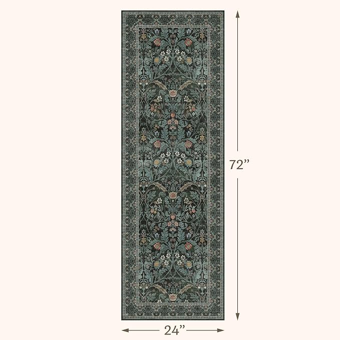 Dusty Teal 2x6 Washable Runner Rug Non Slip - Bathroom Kitchen Runner 6ft - Floral Soft Thin Rug Non Skid for Bath Entryway Hallway, Vintage Low Pile Stain Resistant Floor Carpet(Dark Green)