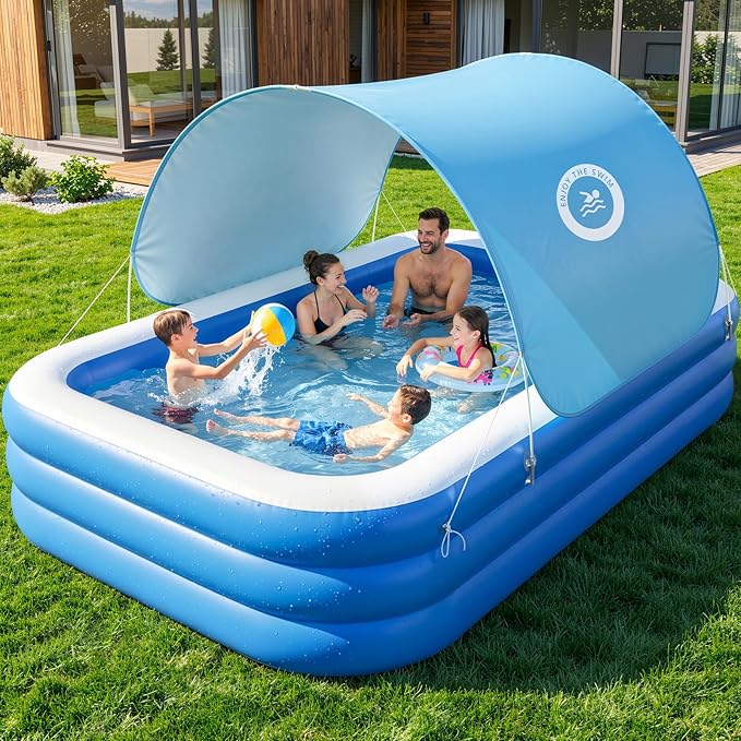 HeySplash Inflatable Pool, Swimming Pool 118" x 69" x 24" Blue | Thickened Blow Up Pool with Canopy, Large Family Pool for Outdoor Backyard Garden Party Summer Fun Adults Kids