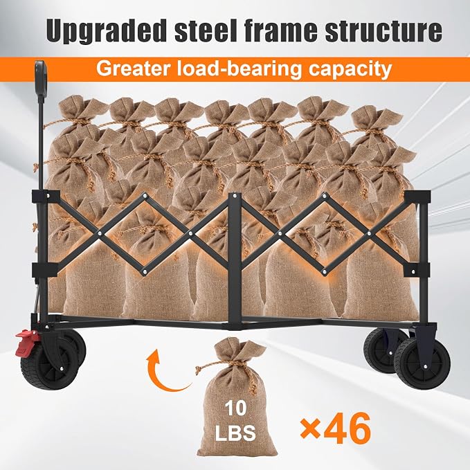 41" L Collapsible Large Wagon Cart Foldable, 460LB Weight Capacity 220L Heavy Duty Folding Beach Wagons with Big All-Terrain Wheels, Utility Carts for Camping, Garden, Shopping, Sports, Black