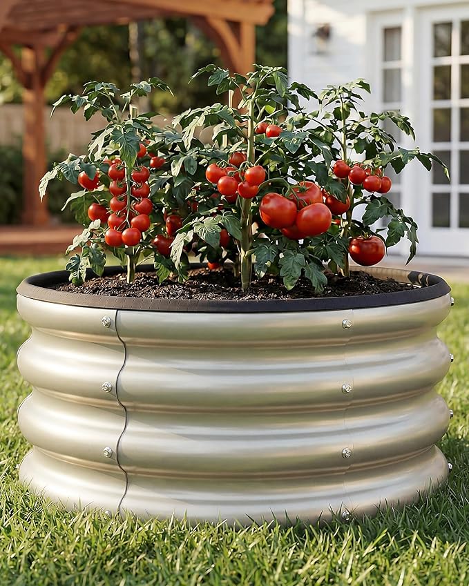 Round Galvanized Raised Garden Bed Kit, 3 Pcs 2 x 2 x 1ft Pearl White Galvanized Garden Boxes, Outdoor for Vegetables