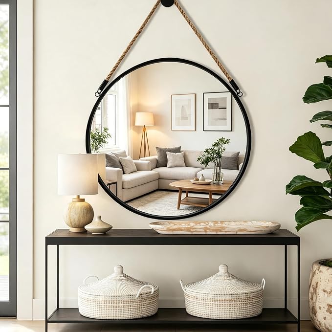 POZINO 30 Inch Large Round Hanging Mirror with Black Metal Frame | Circle HD Mirror with Jute Rope, Anti-Rust, Farmhouse Decorative Wall Mirror for Entryway, Living Room, Fireplace, Bathroom