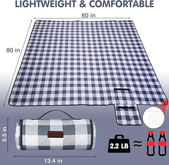 HX&OD Outdoor Picnic Blanket, Extra Large, 80''x60'' Waterproof Foldable Blankets Gingham Picnic Mat for Beach, Camping Grass Lawn Park Accessories Cute Couple Ideas Wedding (Gray, 80”x60”)
