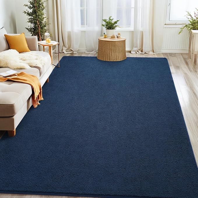 7x10 Navy Blue Area Rug Modern Aesthetic Minimalist | Washable Memory Foam, Low Pile Non Slip Indoor Carpet for Living Room Bedroom Office Classroom College Dorm Room Home Decor