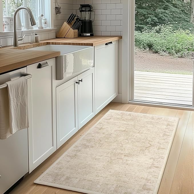 Beige 4x6 Throw Rugs for Entryway, Washable Neutral Rug with Rubber Backing for Living Room Bedroom, Vintage Medallion Distressed Area Rug for Kitchen/Bathroom/Dorm/Home Office