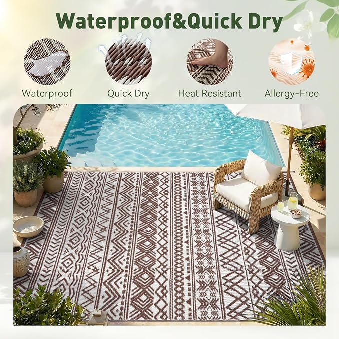 MontVoo-Outdoor Rug Carpet Waterproof 6x9 ft Reversible Patio Rug RV Camping Rug-Plastic Straw Rug Outside Indoor Outdoor Area Rug for Patio Deck Balcony Picnic Beach Outdoor Decor Boho Beige Brown