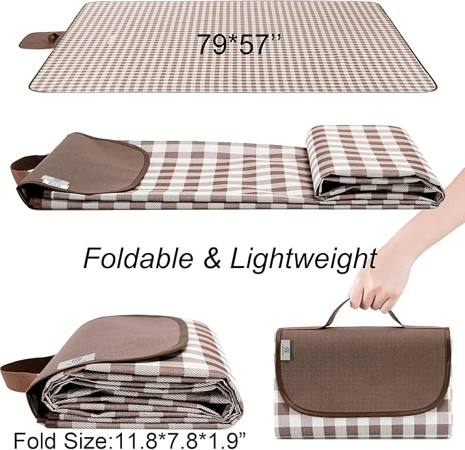 HX&OD Picnic Blanket Outdoor Extra Large Picnic Mat 80"X60" Camping Blanket Beach Blanket Foldable Waterproof Sand Mat Hiking Travel Family Concerts(Brown)