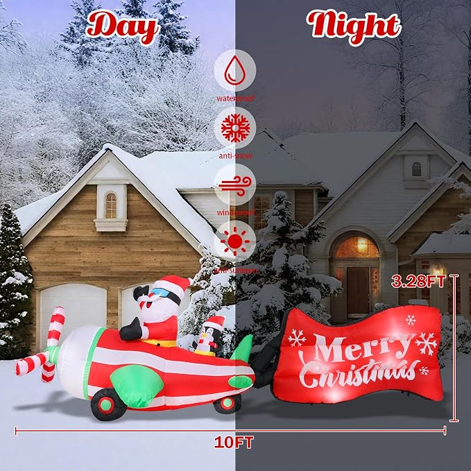 MUMTOP Christmas Inflatable Outdoor Decoration - 10FT Inflatable Santa and Penguin on Animated Helicopter with Rotating Propeller and Merry Christmas Banner Blow Up Inflatables for Garden Yard Decor