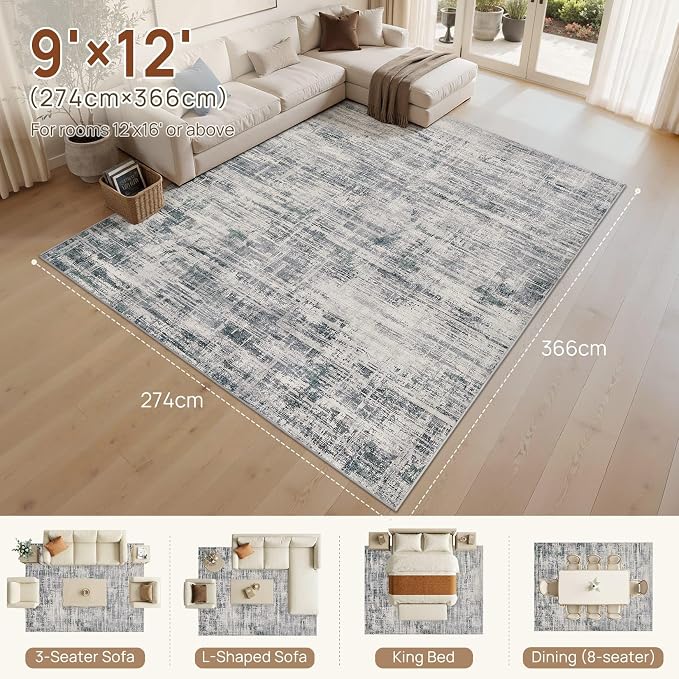 UERMEI 9x12 Area Rug for Living Room Washable Abstract Gray Carpet | Low Pile Non-Slip Soft Neutral Modern Kid Pet Friendly Large Rugs For Bedroom Dining Room Nursery Office Indoor Decor