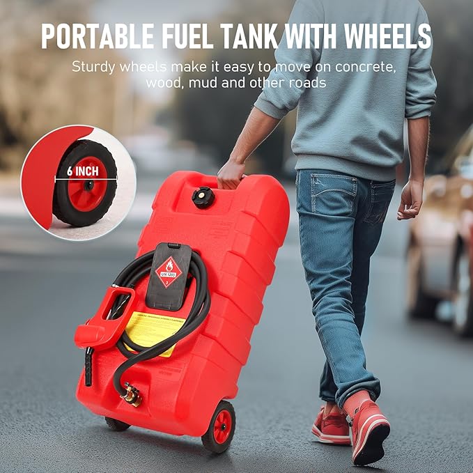 15 Gallon Gas Can, Fuel Tank Container with LE Fluid Transfer Manual Siphon Pump & 10FT Hose, Portable Diesel Gas Storage Caddy with Wheels for Car, ATV, Weeder, Boat, etc., Red