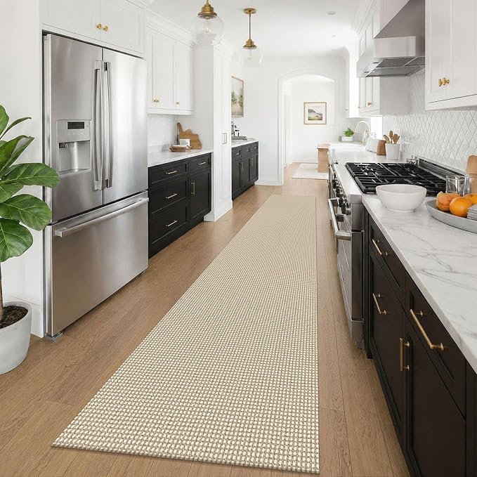 KOZYFLY Braided 2.5'x16' Runners Rugs for Hallway, Extra Long Washable Runner Rug, Woven Non Slip Kitchen Runner, Cotton Entryway Rug, Floor Carpet for Entry, Aisle, Hall, Ivory/Camel/Brown