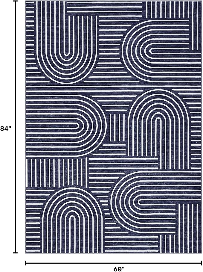 ROYHOME Modern Washable Rug 5x7 Area Rugs for Living Room Non Slip, Blue | Abstract Rug for Bedroom, Rainbow Throw Rugs with Rubber Back, Low Pile Stain Resistant Boho Geometric Carpet for Dining Room
