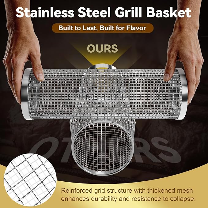 Rolling Grill Basket for Veggies, Heavy Duty 304 Stainless Steel BBQ Grilling Basket with Lock-Tight System, Removable Handles, Nesting Storage, Smoker Camping Accessories, Gifts for Men Dad Husband(2PCS)