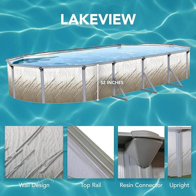 Puri Tech 12'x24'x52 Lakeview Above Ground Swimming Pool Set with Liner, Skimmer, Liner Pad, and Pool Cove for Replacement Backyard Swimming Pool Setup