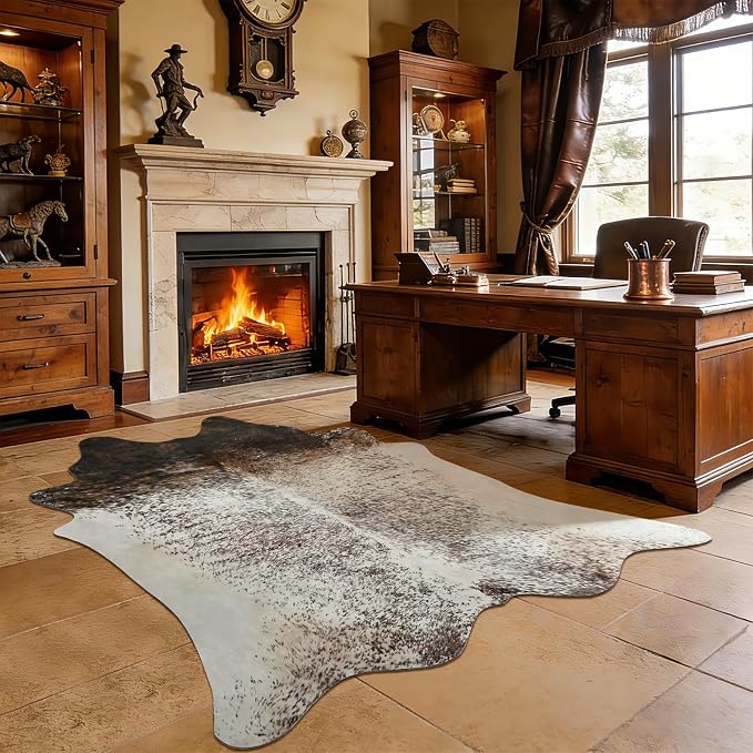 4x5 Cowhide Rug, Washable Faux Brown and White Hide Area Rugs for Bedroom, Southwestern Odd Shape Animal Print Carpet for Under Coffee Table Nursery, Faux Cowhide Fabric Decor