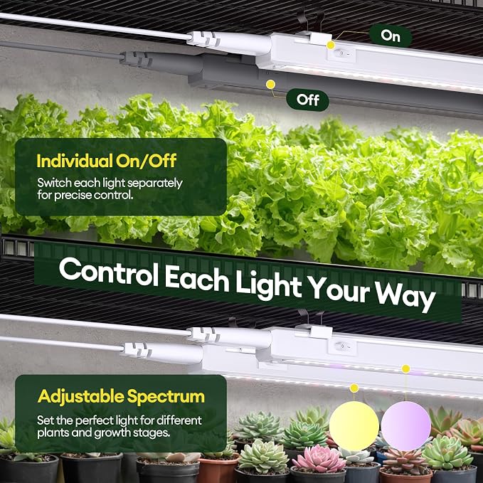 Maygrove Grow Lights for Indoor Plants, Tunable Spectrum 2FT LED Growing Lamp 28W (4 x 15W), T5 Grow Light Strip for Seed Starting, Vegetables, Linkable, White, 4-Pack