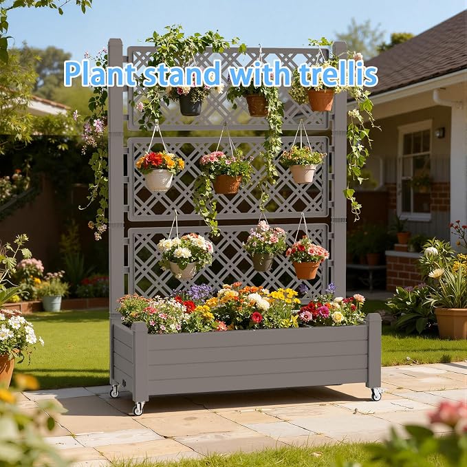 Vixzen 64" Tall Raised Garden Bed,Outdoor Large Resin Planter Box with Trellis and Drain Plug for Climbing Plants,Easy to Assemble,Water Monitor,Mobility(Light Brown, 43.43"×18.27"×64.29")