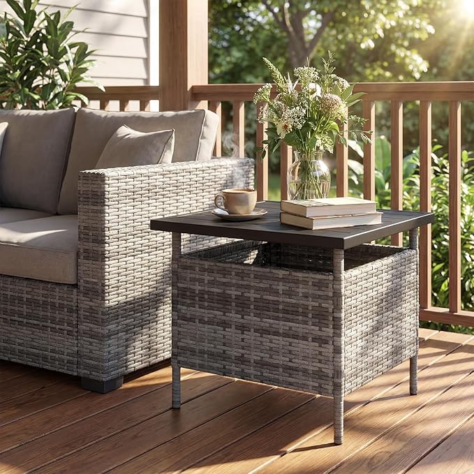 Giantex Umbrella Table, Outdoor Side Table with 2" Umbrella Hole, Rattan Umbrella Stand Holder, Heavy Duty Metal Frame, Patio Bistro Table for Deck Garden Poolside, Mix Gray (HDPE Tabletop)