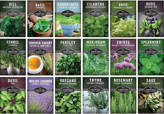 Culinary Herb Seeds Variety Pack for Planting - Grow 18 Heirloom Kitchen Herbs with Basil, Cilantro, Parsley, Dill, Chives, Oregano, Sage, Rosemary, Mint - Indoor or Outdoor - Survival Garden Seeds