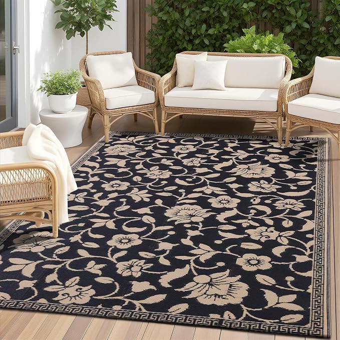 OLANLY Waterproof Outdoor Rug 4x6 ft, Outdoor Plastic Straw Rug with Flower Pattern, Reversible RV Mat for Patio, Camping, Balcony, Deck, Backyard, Black & Beige