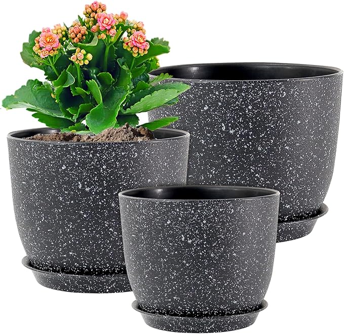 WSMKSZ Plant Pots 10/9/8 inch, Set of 3 Modern Decorative Plastic Planters with Drainage Holes and Saucers for Garden House Plants, Flower Pots for Indoor Outdoor Plants, Speckled Black