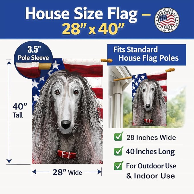 Caroline's Treasures CK6383CHF Afghan Hound American Flag House Flag Large Porch Sleeve Pole Decorative Outside Yard Banner Artwork Wall Hanging, Polyester, House Size, Multicolor