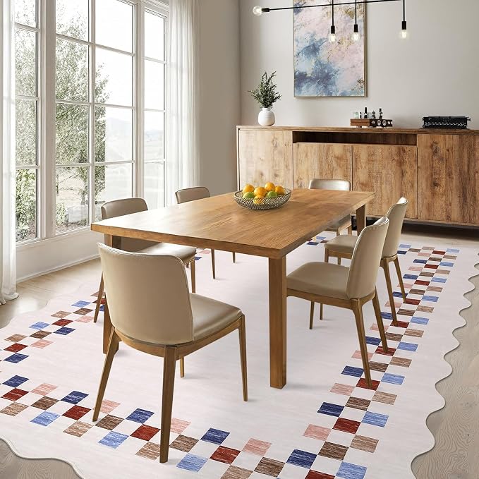 GarveeHome 4x6 Area Rug Small Washable Living Room Rug Scalloped Rug | with Rubber Backing Stain Resistant Low Pile Dining Room Throw Carpet Modern Bordered Mat for Bedroom Kitchen, Colorful