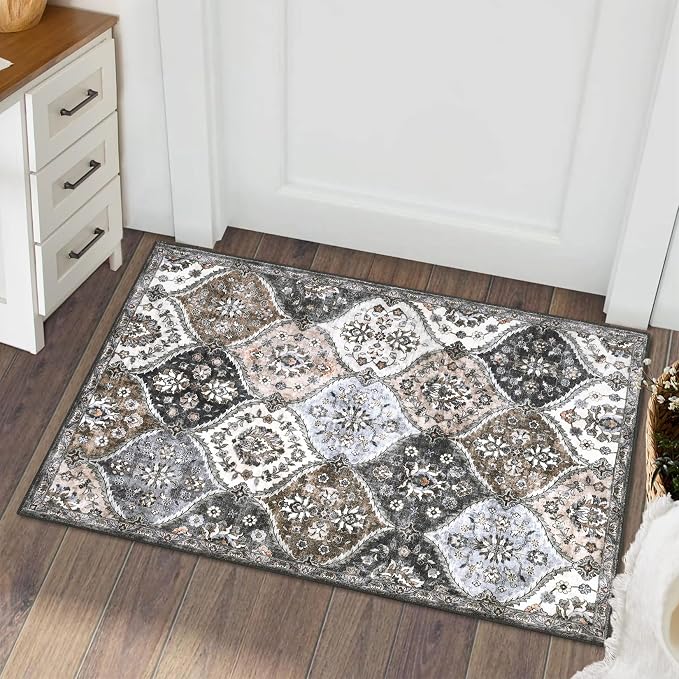 ROYHOME Small Rug Vintage Moroccan Washable Area Rug Doormat 2' x 3' | Stain Resistant Non-Slip Entryway Rug Distressed Medallion Floor Carpet for Indoor Front Entrance Kitchen Bathroom Grey/Taupe