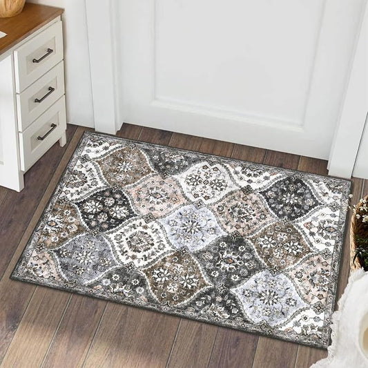 ROYHOME Small Rug Vintage Moroccan Washable Area Rug Doormat 2' x 3' | Stain Resistant Non-Slip Entryway Rug Distressed Medallion Floor Carpet for Indoor Front Entrance Kitchen Bathroom Grey/Taupe