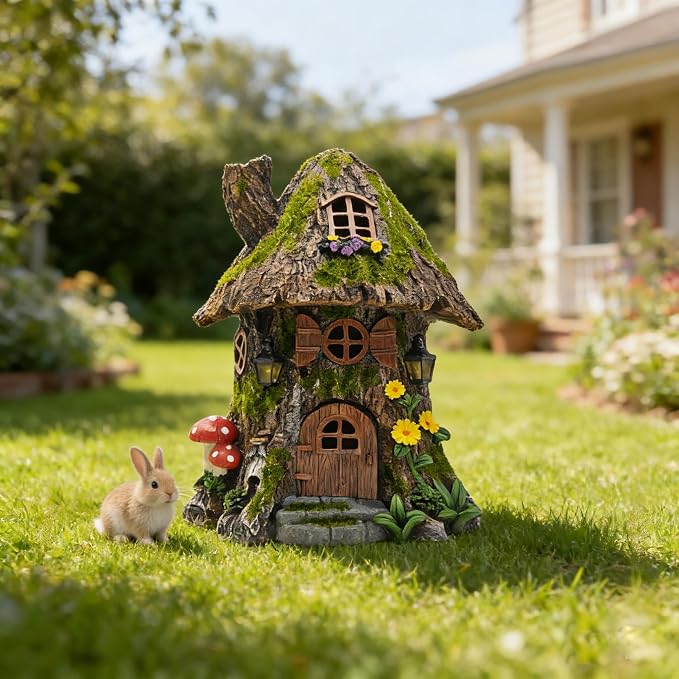 COWOS Solar Powered Mossy Tree House Sculpture with Doors, Windows, Street Lamp & Chimney - LED Outdoor Garden Decor