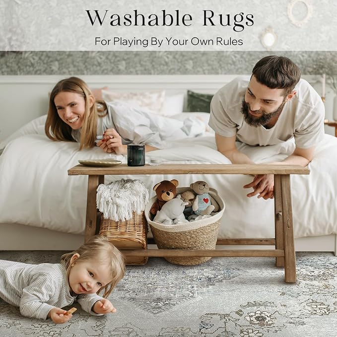 Phantoscope Washable Area Rug 5'x7' Non-Slip, Vintage Neutral Rugs for Living Room, Bedroom, Dining Room, Distressed Boho Medallion Pattern, Low-Pile Foldable Floor Carpet, Silver Grey/Taupe