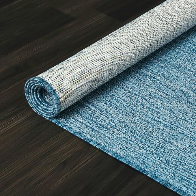 Beverly Rug Indoor Outdoor Rug 8x10, Washable Outside Carpet for Patio, Deck, Porch, Solid Modern Area Rug, Water Resistant, Aqua Blue