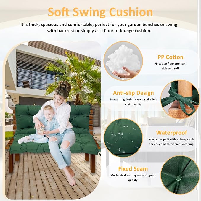 Swing Replacement Cushions for Outdoor: 2-3 Seater Waterproof Porch Bench Cushion with Backrest and Ties - 4" Thick Swing Cushion for Garden Patio Backyard Loveseat