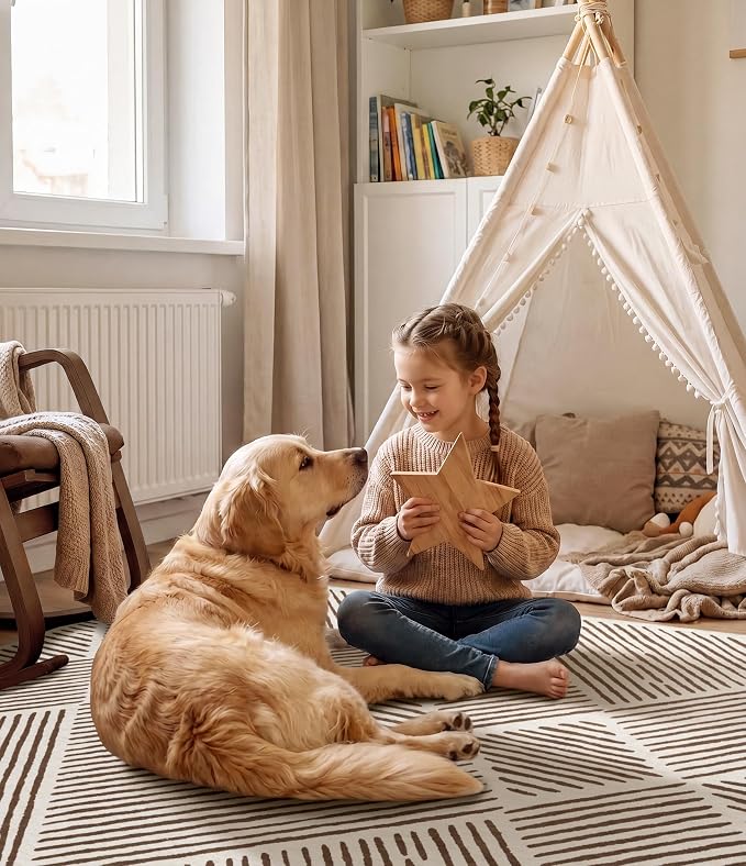 5‘x7' Washable Brown and Cream Area Rug for Living Room | Non-Slip, Soft, Low Pile, Stain Resistant, Large Farmhouse Geometric Stripe Tan Rug for Bedroom Dining Room