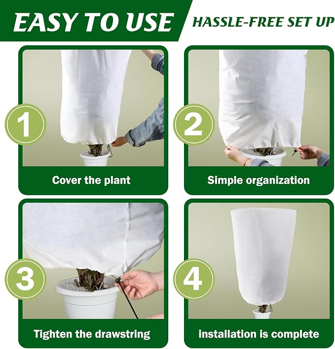 Alpurple 4 Packs Winter Drawstring Plant Covers - 47" X 31.5" Warm Plant Protection Cover Bags, Frost Cloth Blanket Protecting Fruit Tree Potted Plants from Freezing Animals Eating
