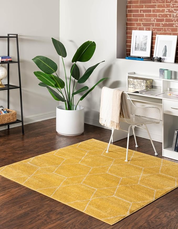 Unique Loom Trellis Frieze Collection Area Rug - Geometric (3' Square, Yellow/ Ivory)