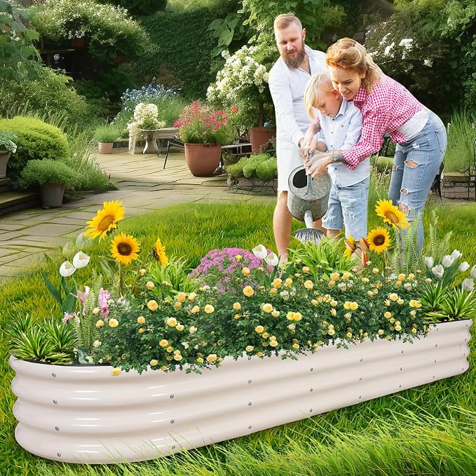 1MORE Galvanized Raised Garden Bed- Planter Garden Boxes Outdoor, Raised Beds for Gardening, 8x2x1ft Metal Garden Bed Kit for Vegetables Flower, Planter Raised Beds with Protective Tape & Tools.White