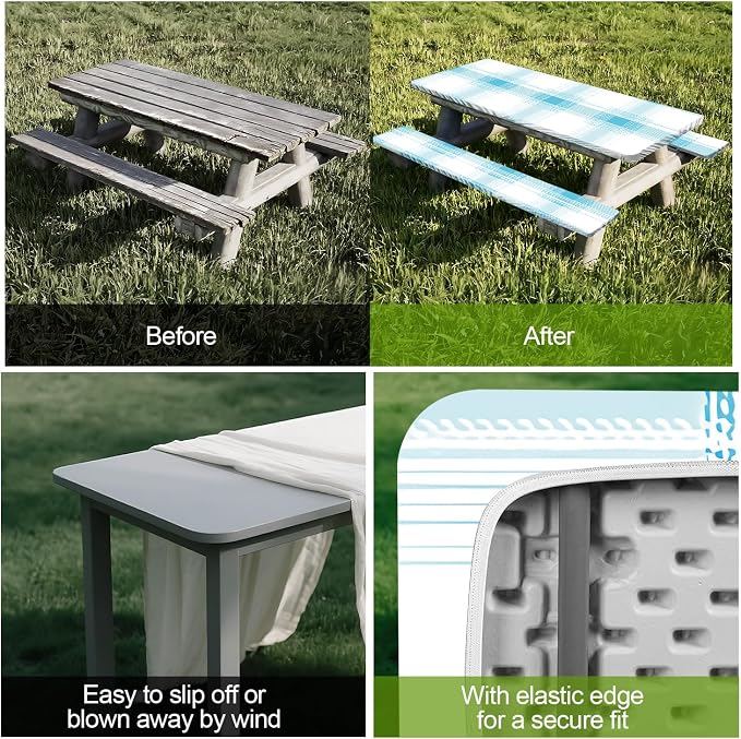 Picnic Table Cover with Bench Covers Set of 3 - Fresh Spring Check Light Blue Gingham Tablecloth, Elastic Fitted for 6 Ft Tables, Washable Polyester Cover for Patio, Indoor & Outdoor