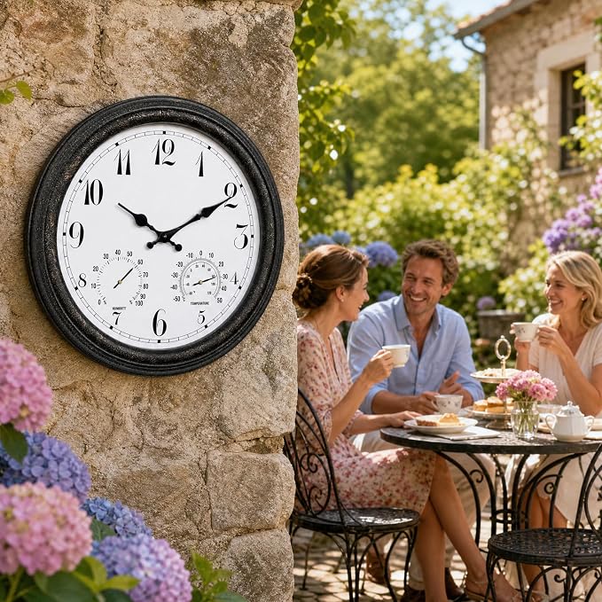Outdoor Waterproof Wall Clock with Thermometer and Hygrometer Combo, 15 in Retro Battery Operated Garden Clocks for Indoor and Outside Patio Deck Pool -Not Silent (Black)