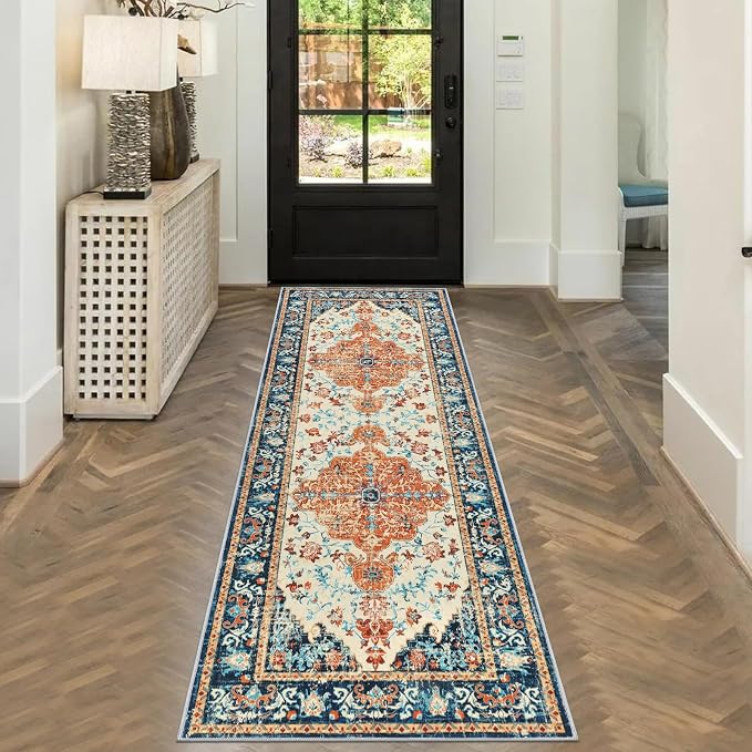 U'Artlines 2' x 6' Boho Hallway Runner Rug, Washable Carpet, Orange/Multi | Non Slip, Vintage Farmhouse Accent Area Rug Carpet, for Kitchen Entryway Laundry and Living Room
