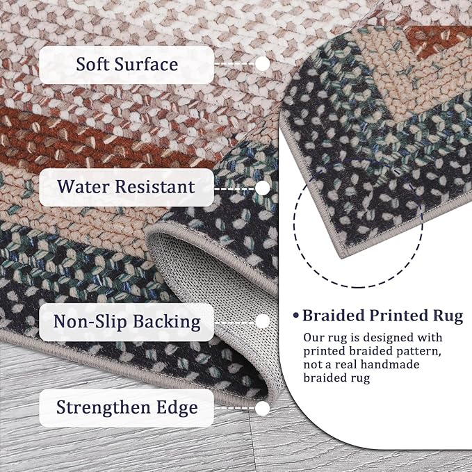 RUGSREAL Hallway Runner Rug 2x6 Braided Machine Washable Kitchen Rugs | Low Pile Farmhouse Runner Non Slip Stain Resistant Rustic Runners Modern Printed Carpet for Living Room Bedroom, Olive/Brown