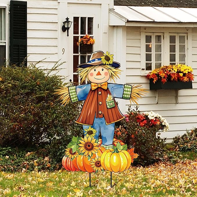 JarThenaAMCS 33" H Fall Scarecrow Metal Garden Stakes Rustic Pumpkin Pile Scarecrow Decorative Lawn Sign for Autumn Thanksgiving Home Outside Lawn Porch Decor