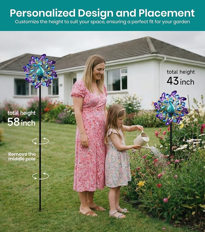 Peacock Wind Spinner Metal Kinetic Turquoise Green Garden Yard Art | Hand-Crafted, Shimmering turquoise metal peacock sculpture, Auto-glow solar crackle ball, Stable 5-prong stake