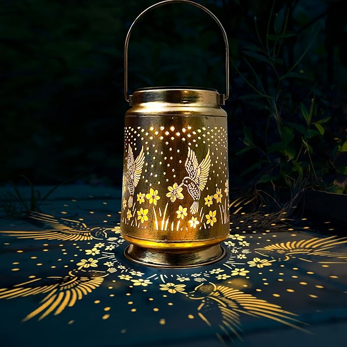 KY&BOSAM Retro Solar Lanterns Outdoor Waterproof Hummingbird Garden Decor | Premium Old Gold Color Metal Hanging Outside Solar Lights,Birthday Gifts for Women Mom Outside for Yard,Patio,Backyard,Porch