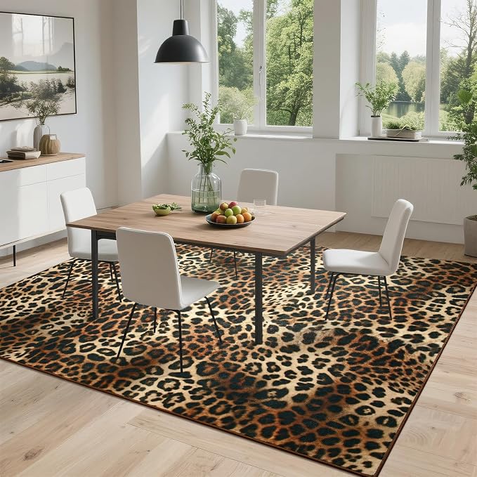 DweIke Leopard Rugs for Living Room, 5x7 Cheetah Print Rug for Bedroom Decor, Washable Non-Slip Stain Resistant Faux Animal Throw Carpet for Dining Room Office Western Home, Dark Brown