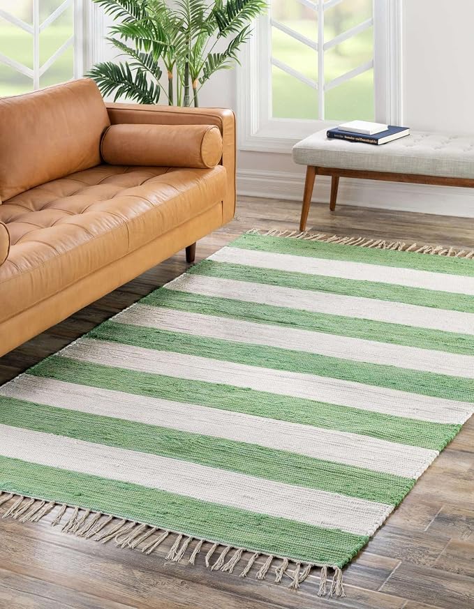 Unique Loom Chindi Rag Collection Area Rug - Striped (2' 2" x 3' 1" Rectangle, Green and Ivory)