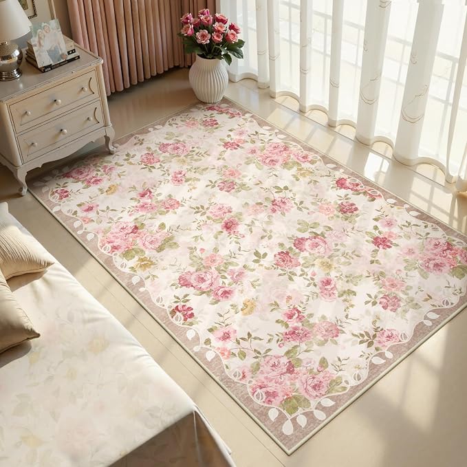 Lahome Floral Washable 3x5 Rug, Small Girls Rugs for Bedroom Soft Non-Slip,Entry Way Rugs Indoor Low Pile Carpet for Nursery Kids Playroom Nina Beige/Pink/Multi