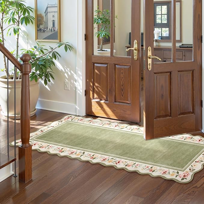 Lahome Floral 2'x 6' Washable Kitchen Runner Rug, Green Rug Runners for Hallways Non Slip, Scalloped Runner Rug Ultra-Thin Stain Resistant Boho Carpet for Entryway Bathroom Bedroom Ariele（Green，2x6ft）