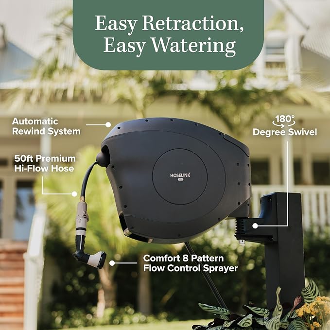 HOSELINK Classic Charcoal 50ft Hi-Flow Automatic Retractable Hi-Flow Garden Hose Reel, 9/16”, UV-Stabilized Kink-Free Hose, Wall Mounted Complete Watering Solution for Backyard, Garden & Outdoor